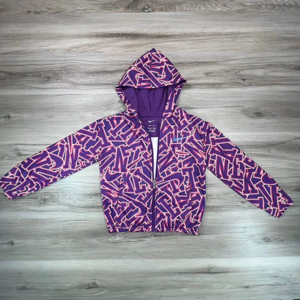 Nike Dri-FIT Full Zip Hoodie‎ Kids Girls 6/6X Purple Patterned Activewear Jacket